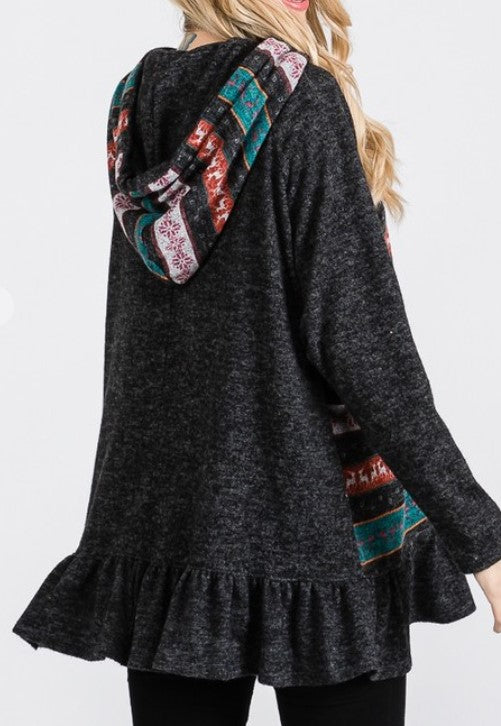 Sweet As You Comfy Hoodie Sweater Tunic Charcoal & Multi-Color