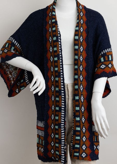 CANYON SOUL CARDIGAN SWEATER KIMONO IN NAVY MULTI-COLOR