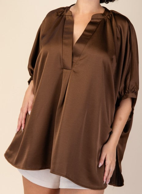 GLAMOROUS CELEBRATION BROWN SATIN OVERSIZED TUNIC