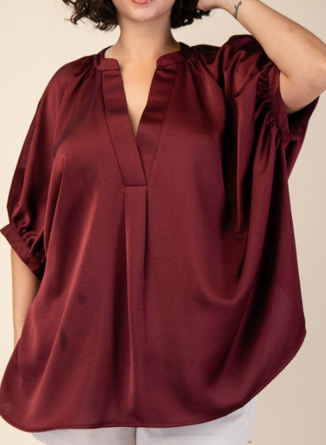 GLAMOROUS CELEBRATION DARK BURGUNDY SATIN OVERSIZED TUNIC