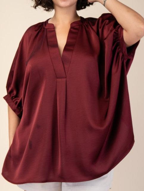 GLAMOROUS CELEBRATION DARK BURGUNDY SATIN OVERSIZED TUNIC