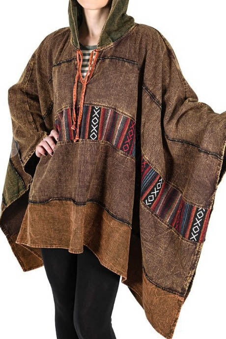 COZY UP RUSTIC BOHO PONCHO HOODIE  BROWN & TRIBAL PRINT