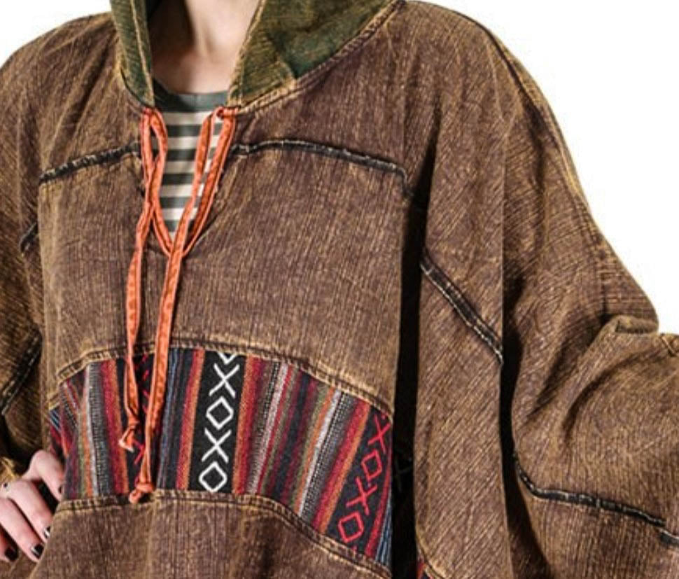 COZY UP RUSTIC BOHO PONCHO HOODIE  BROWN & TRIBAL PRINT