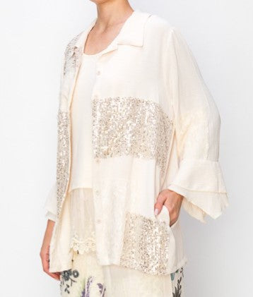 ANY EVENT STUNNING BEIGE LACE & SEQUIN SHIRT