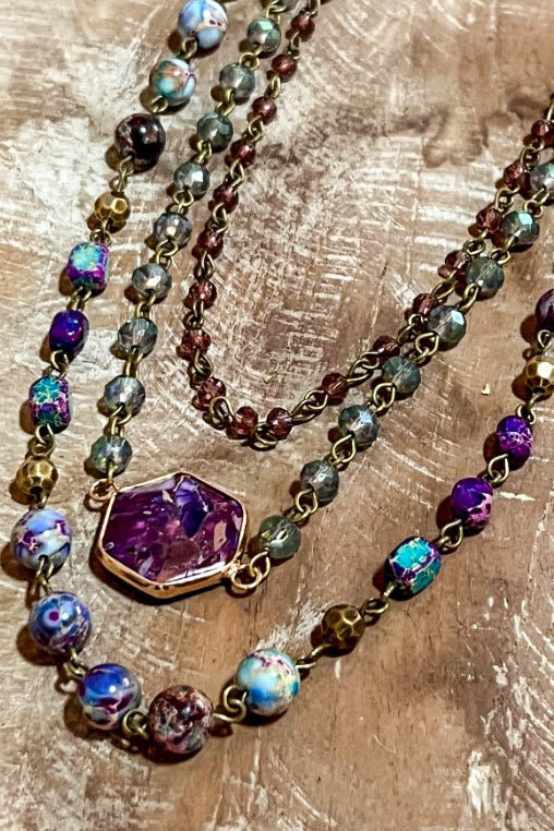 Spirit of Bliss Natural Stone Beaded Layered Necklace In Purple Tones