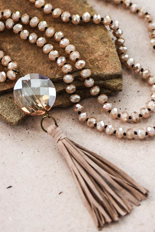 GYPSY SOUL TASSEL & CRYSTAL NECKLACE IN TAUPE