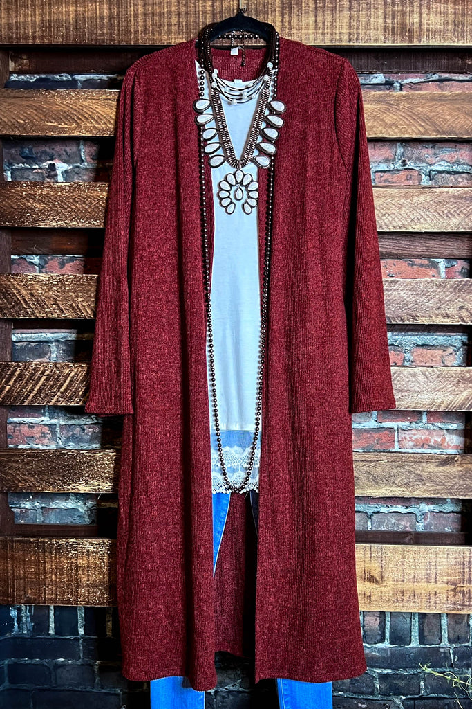 COZY CHARM  MAXI CARDIGAN IN RUST