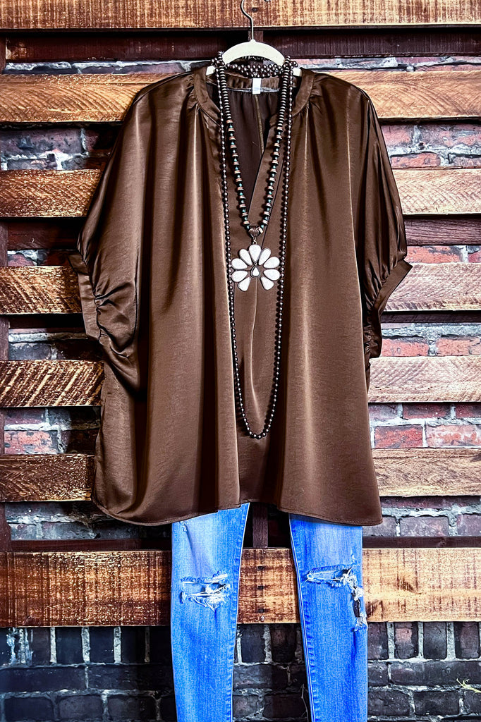 GLAMOROUS CELEBRATION BROWN SATIN OVERSIZED TUNIC