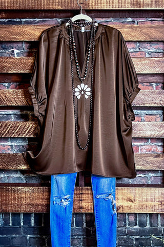 GLAMOROUS CELEBRATION MOCHA SATIN OVERSIZED TUNIC