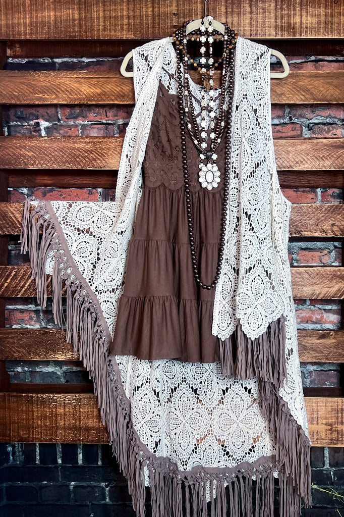 FLEUR D' CACTUS BOHO CROCHET FAB VEST IN NATURAL & TAN