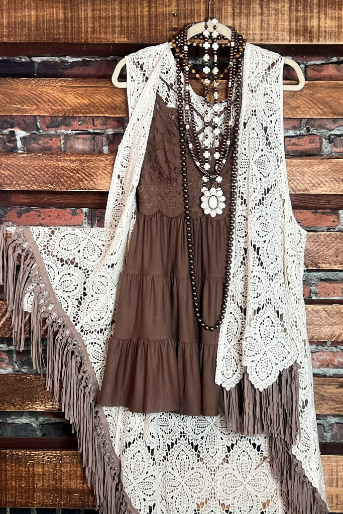 FLEUR D' CACTUS BOHO CROCHET FAB VEST IN NATURAL & TAN