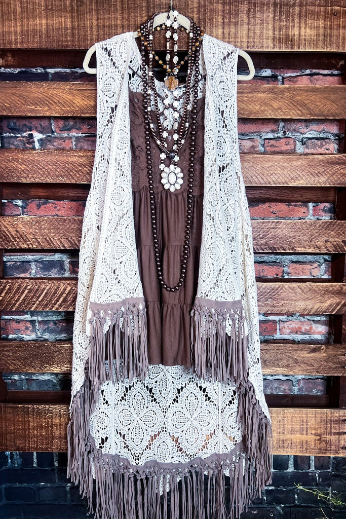 FLEUR D' CACTUS BOHO CROCHET FAB VEST IN NATURAL & TAN