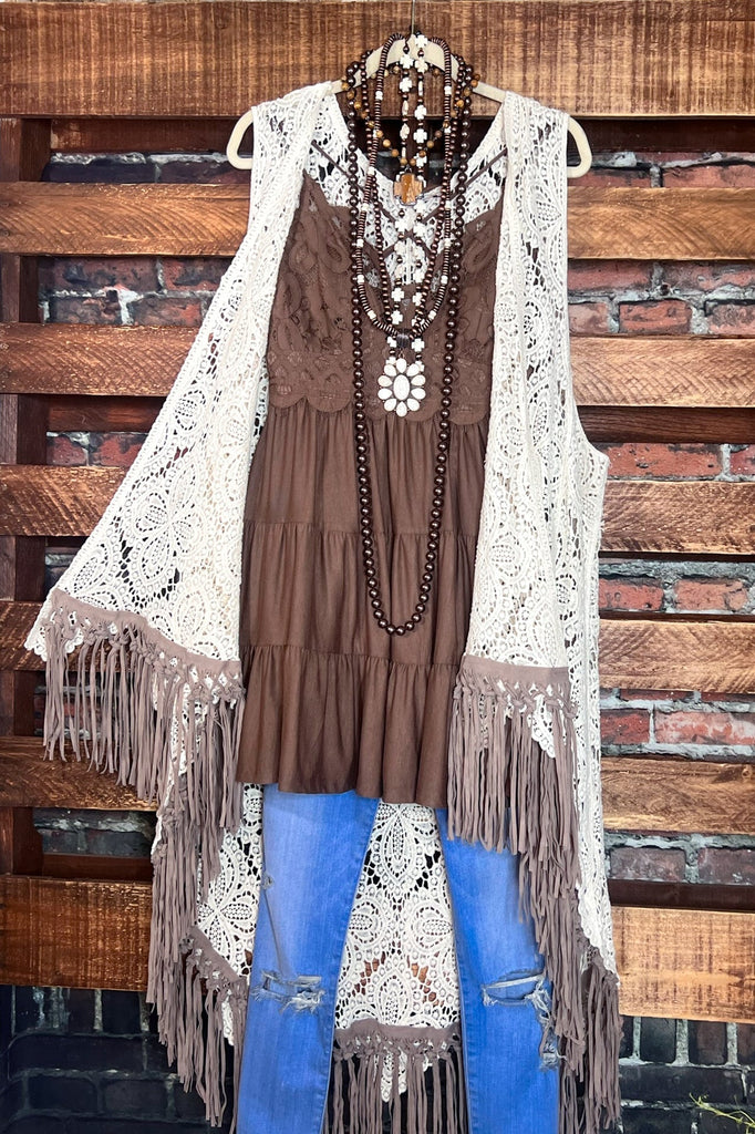 FLEUR D' CACTUS BOHO CROCHET FAB VEST IN NATURAL & TAN