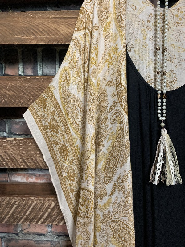 MOROCCAN DESERT SAND TASSEL KIMONO MUSTARD PAISLEY