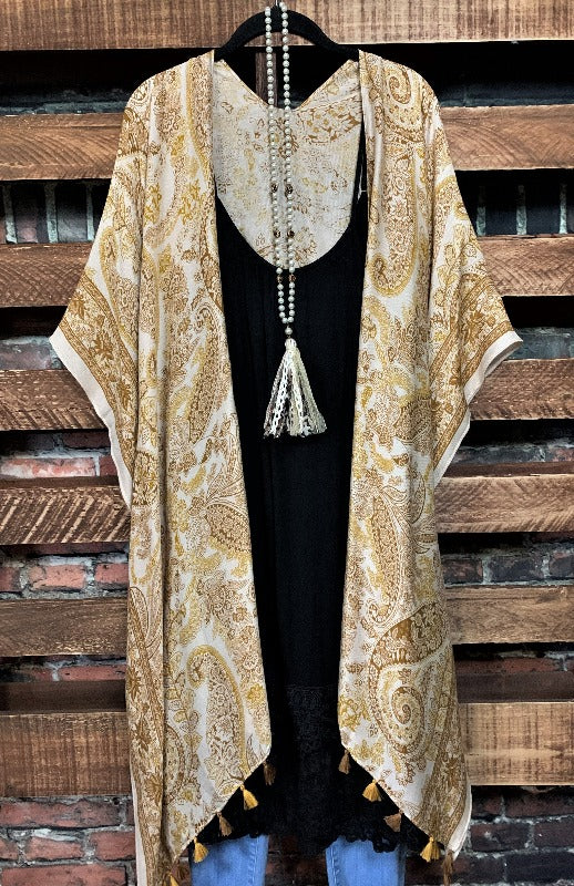 MOROCCAN DESERT SAND TASSEL KIMONO MUSTARD PAISLEY