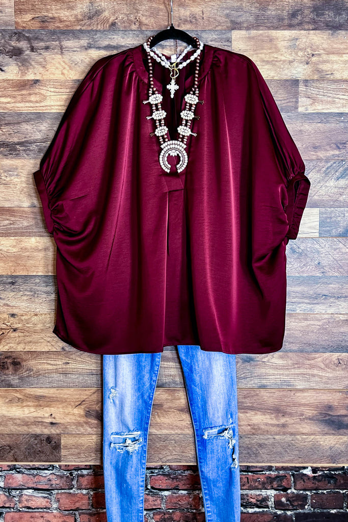 GLAMOROUS CELEBRATION DARK BURGUNDY SATIN OVERSIZED TUNIC