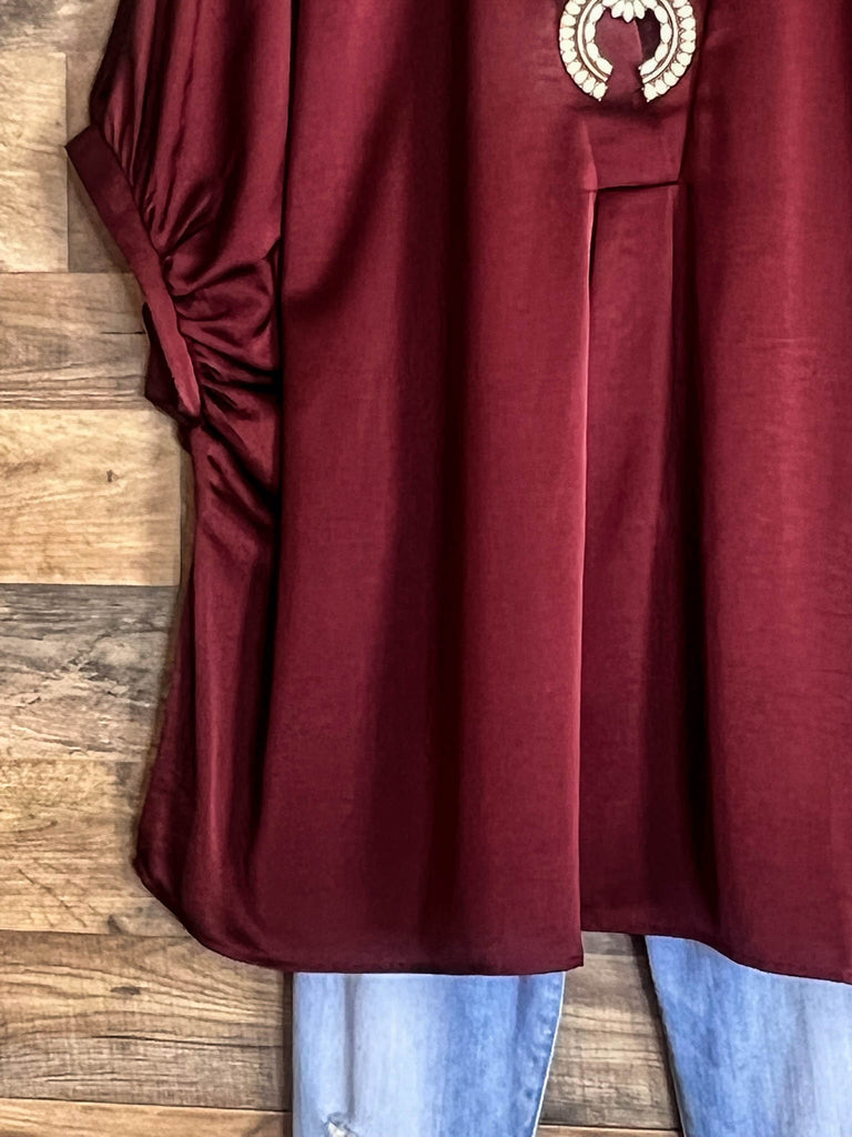 GLAMOROUS CELEBRATION DARK BURGUNDY SATIN OVERSIZED TUNIC