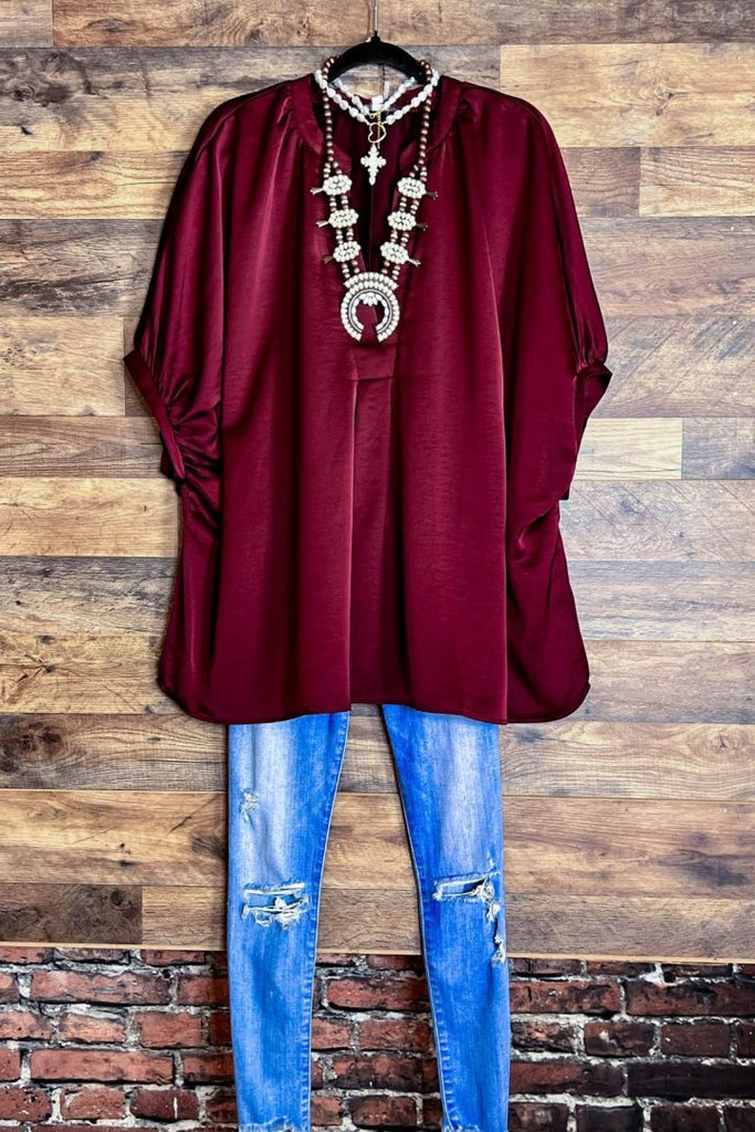 GLAMOROUS CELEBRATION DARK BURGUNDY SATIN OVERSIZED TUNIC