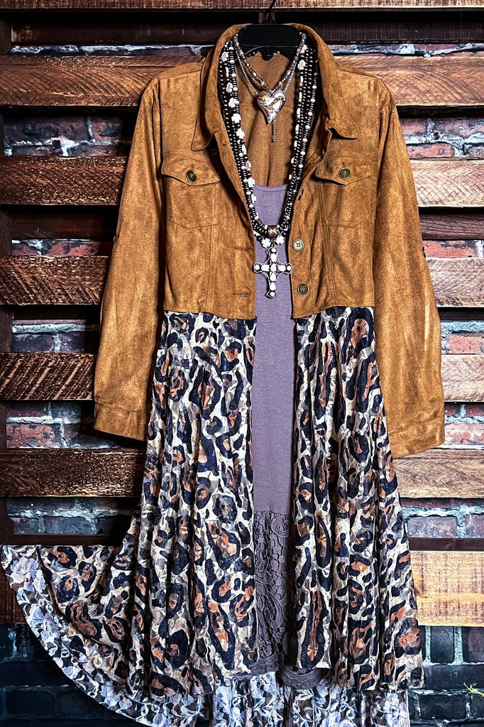 CHARM YOUR WAY FAB SUEDE & LACE LEOPARD  PRINT JACKET IN MULTI-COLOR