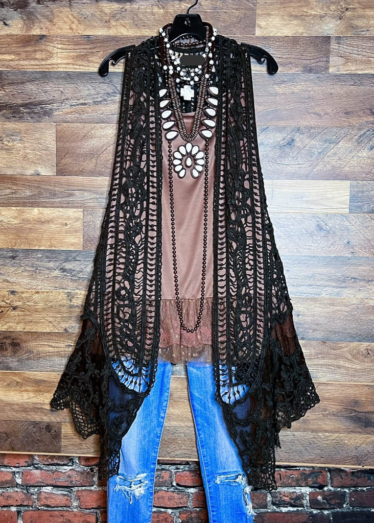 DANCIN' IN THE MOONLIGHT BROWN LACE & CROCHET VEST