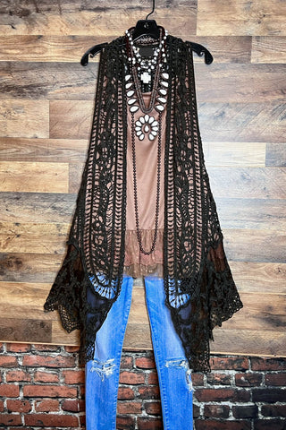 Dancing Through Life Lace Duster Cardigan in Black