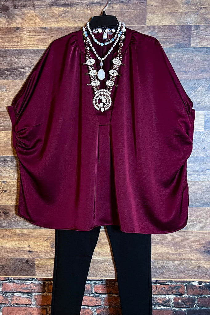 GLAMOROUS CELEBRATION DARK BURGUNDY SATIN OVERSIZED TUNIC