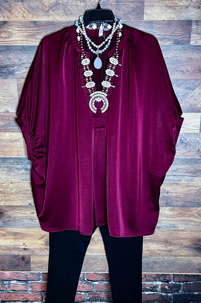 GLAMOROUS CELEBRATION DARK BURGUNDY SATIN OVERSIZED TUNIC