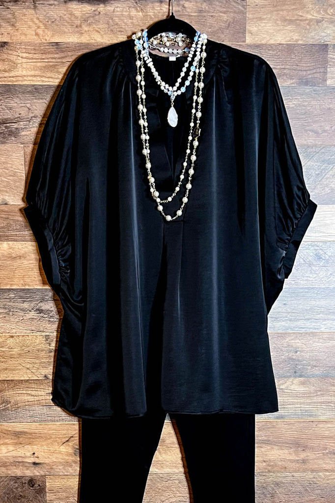 GLAMOROUS CELEBRATION BLACK SATIN OVERSIZED TUNIC