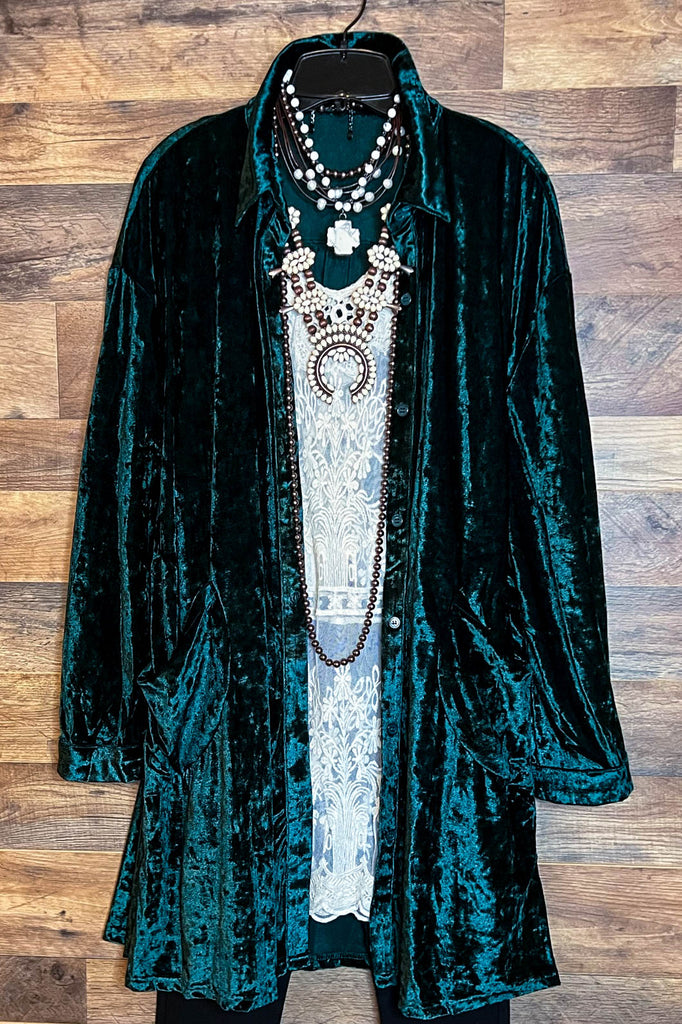 STUNNING CLASSIC DARK GREEN VELVET SHIRT JACKET PATCHED POCKETS