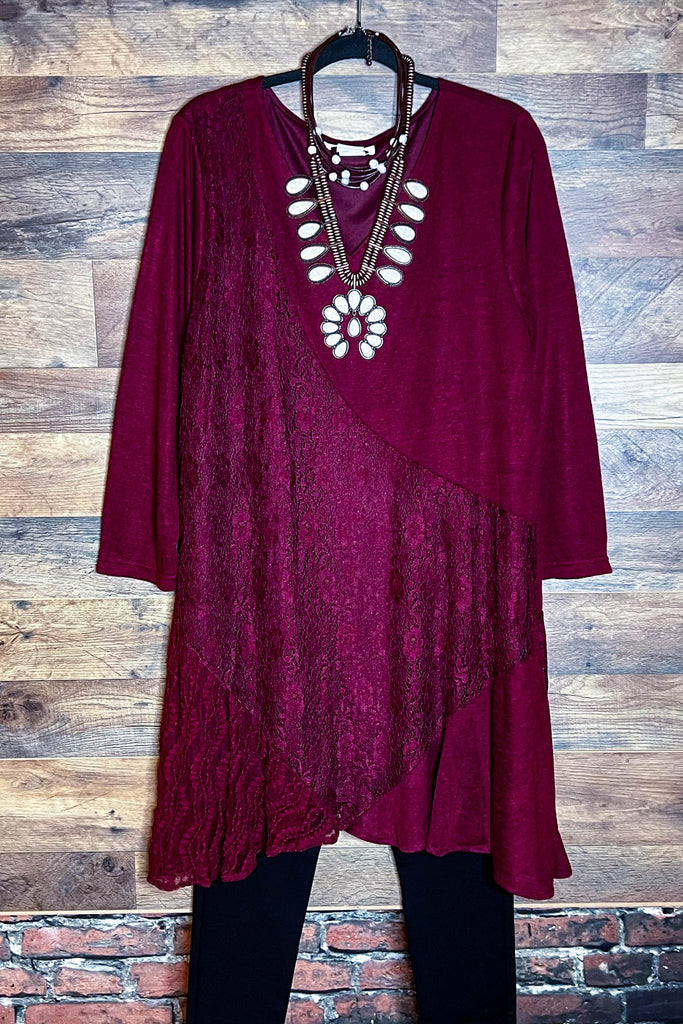 I'M ETERNALLY YOURS BURGUNDY LACE EMBELLISHED DRESS TUNIC