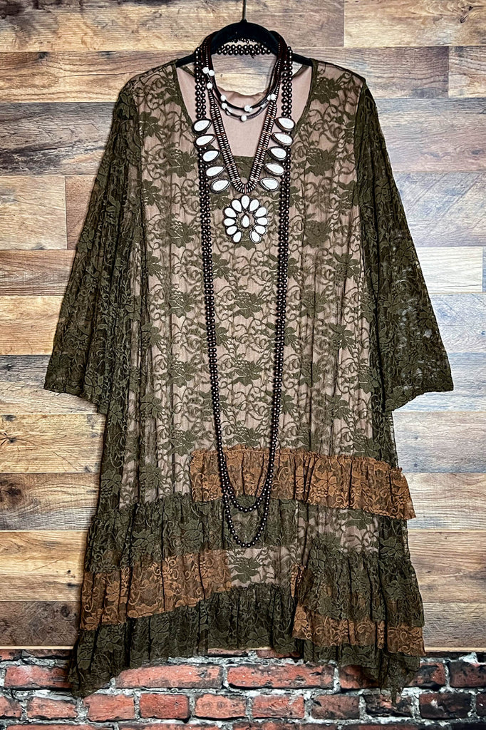 Pure Enchantment Lace Dress in Olive