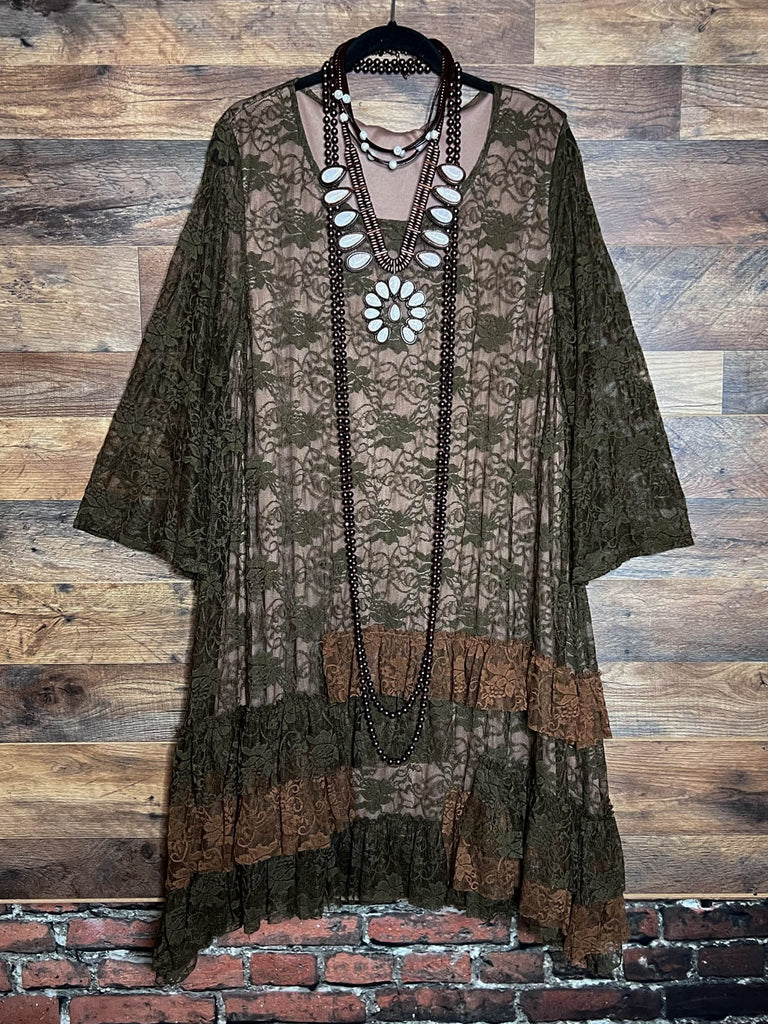 Pure Enchantment Lace Dress in Olive