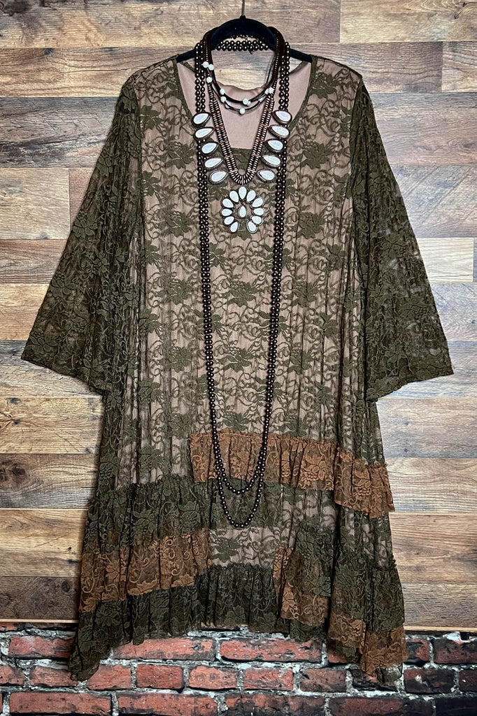 Pure Enchantment Lace Dress in Olive