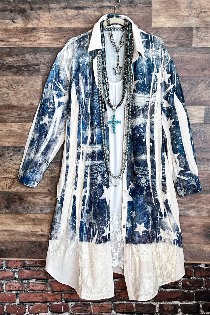 A PERFECT WISH FAB LACE SHIRT JACKET OVERSIZED IN BEIGE & DENIM