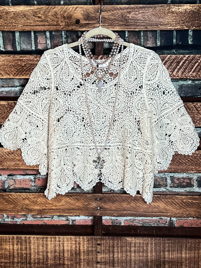 BY THE LIGHT OF THE MOON ROMANCE CROCHET TOP BEIGE