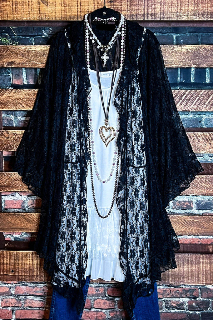 Dancing Through Life Lace Duster Cardigan in Black