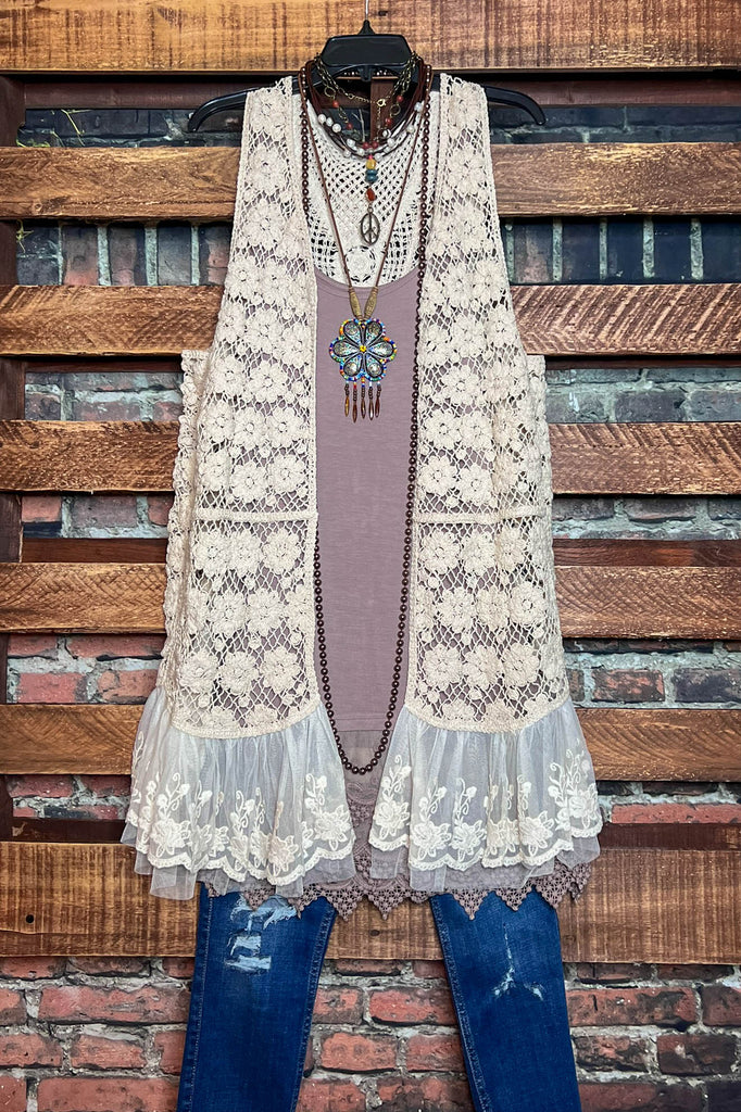 ALWAYS MY SWEETEST LOVE BOHO LACE CROCHET VEST IN BEIGE