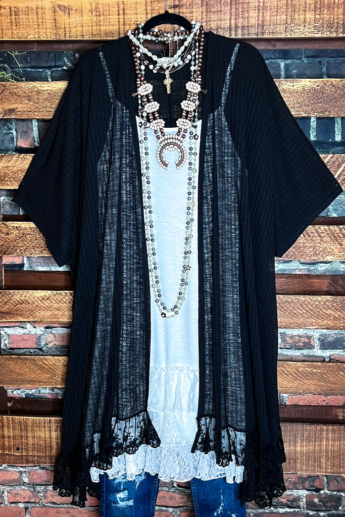 ALWAYS PRETTY BLACK LACE RUFFLE KIMONO CARDIGAN