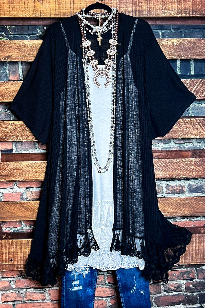 ALWAYS PRETTY BLACK LACE RUFFLE EMBELLISHED KIMONO