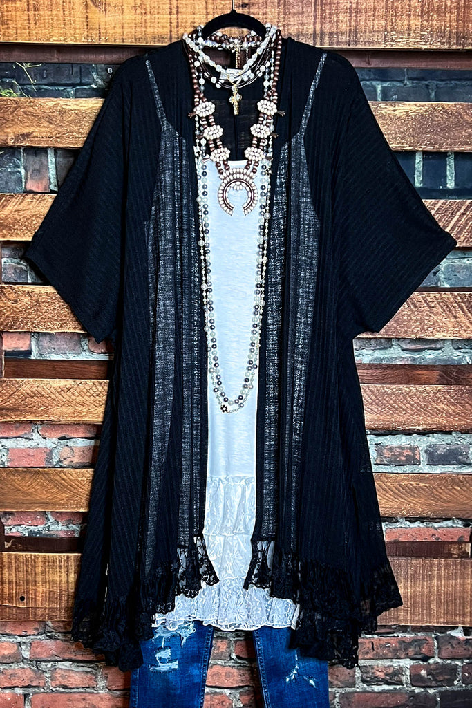 ALWAYS PRETTY BLACK LACE RUFFLE EMBELLISHED KIMONO