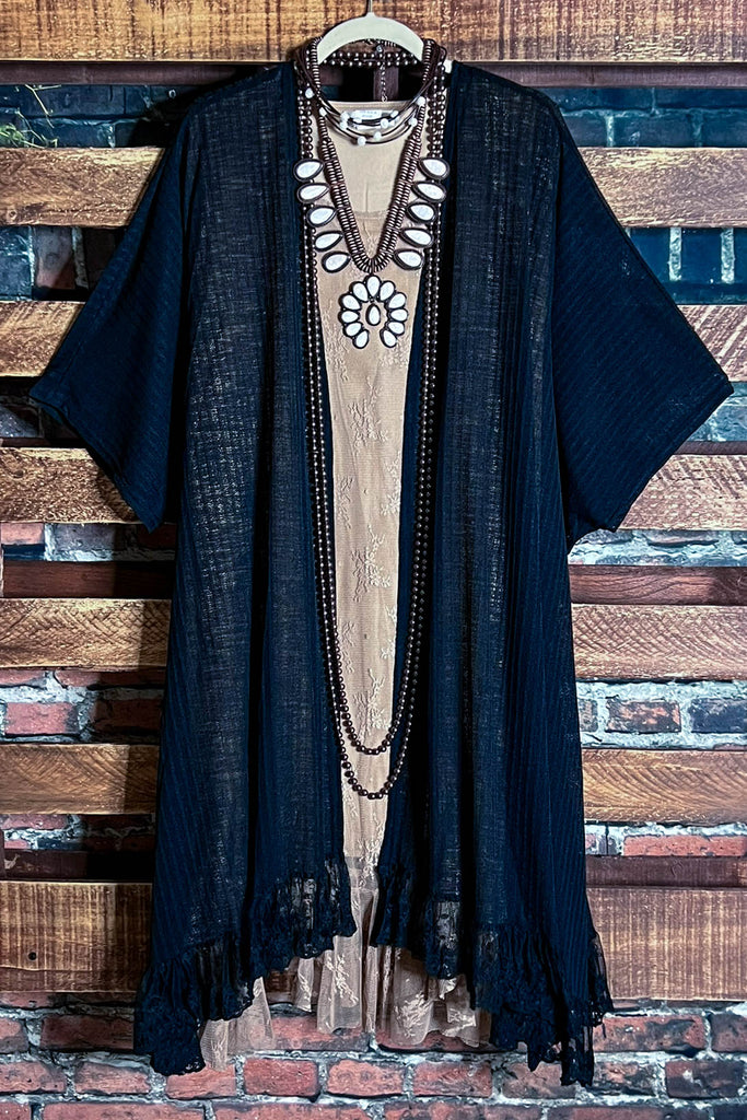 ALWAYS PRETTY BLACK LACE RUFFLE KIMONO CARDIGAN