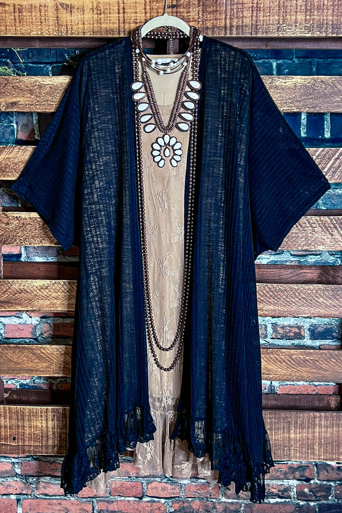 ALWAYS PRETTY BLACK LACE RUFFLE KIMONO CARDIGAN