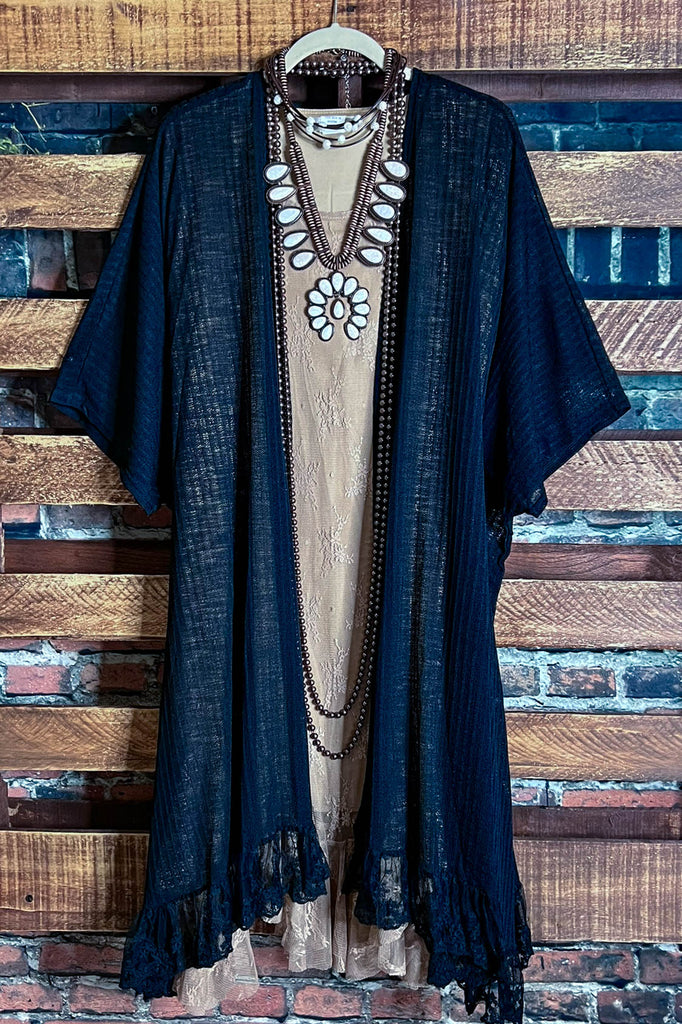 ALWAYS PRETTY BLACK LACE RUFFLE KIMONO CARDIGAN