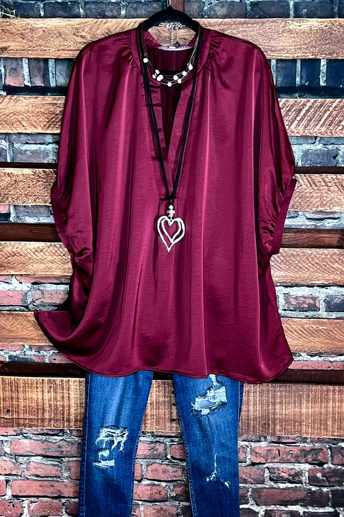 GLAMOROUS CELEBRATION DARK BURGUNDY SATIN OVERSIZED TUNIC