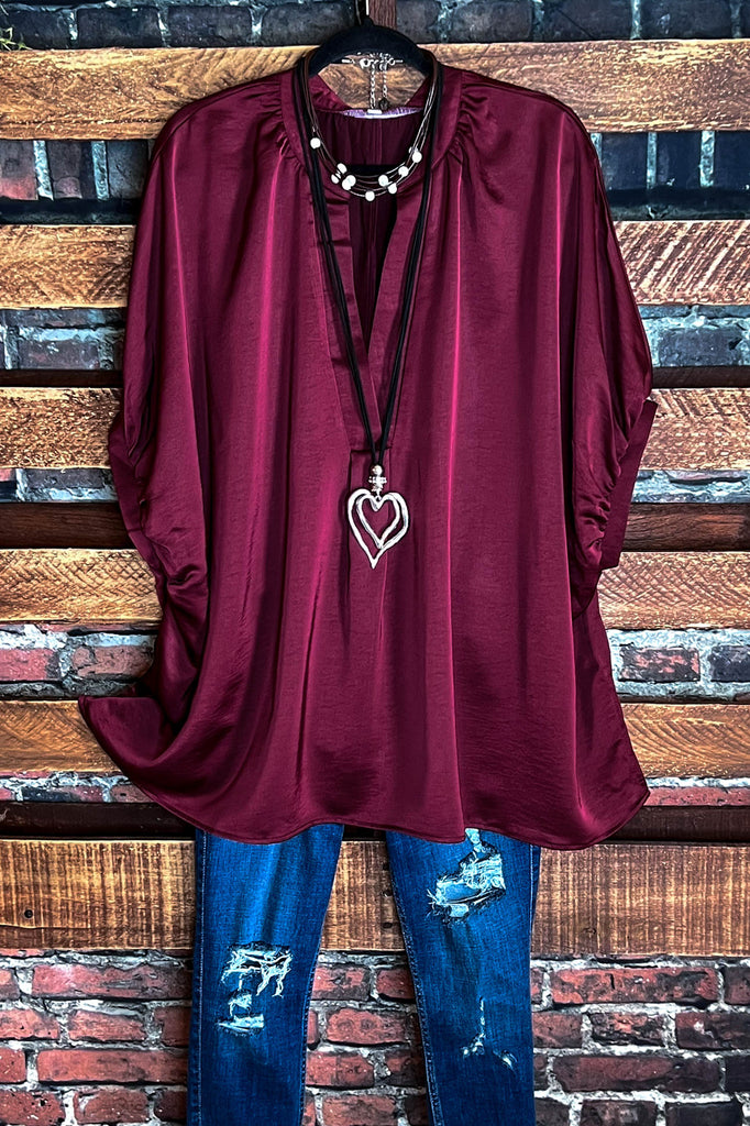 GLAMOROUS CELEBRATION DARK BURGUNDY SATIN OVERSIZED TUNIC