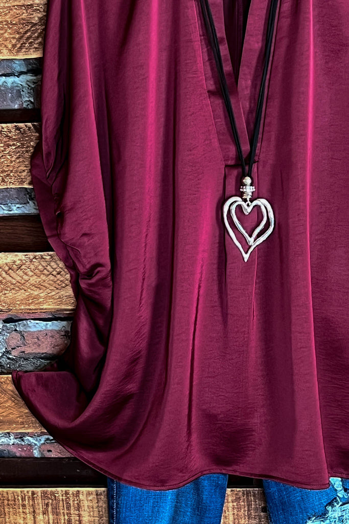 GLAMOROUS CELEBRATION DARK BURGUNDY SATIN OVERSIZED TUNIC