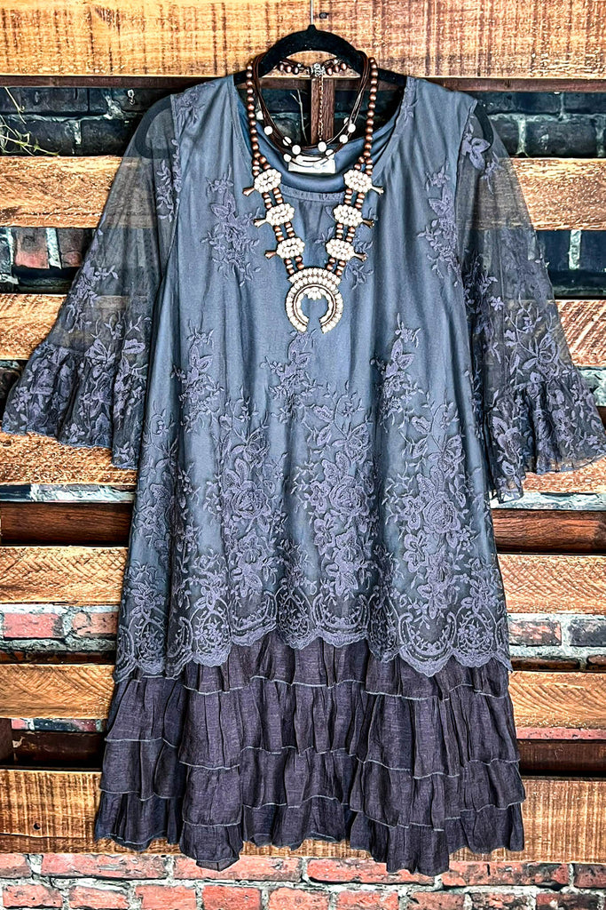 ADMIRE YOUR BEAUTY EMBROIDERED LACE DRESS IN DARK GRAY