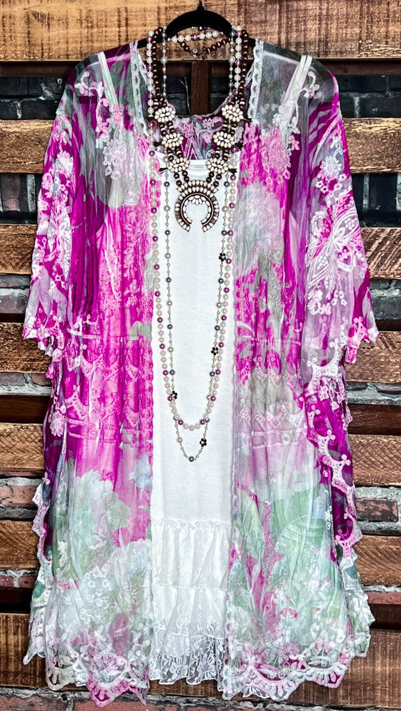 Sweet Romance Lace Duster Kimono Wine & Multi-Color