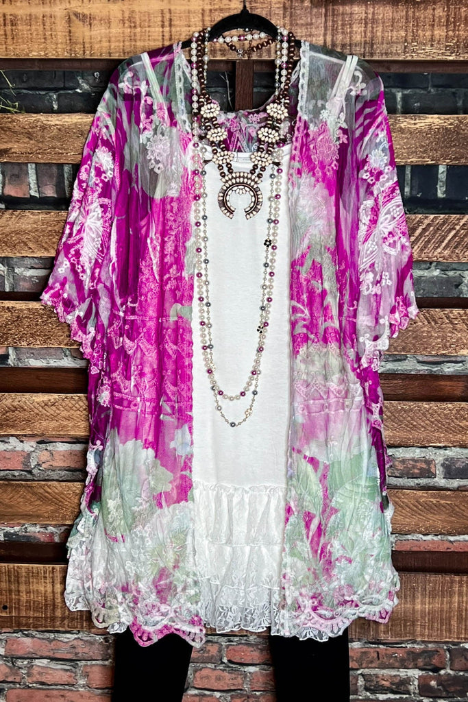 Sweet Romance Lace Duster Kimono Wine & Multi-Color