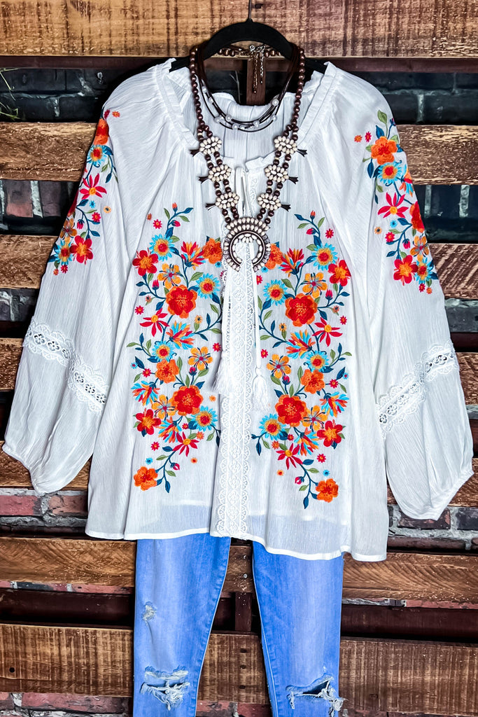 Give Me Good Times Boho Ivory Embroidered Floral Tunic